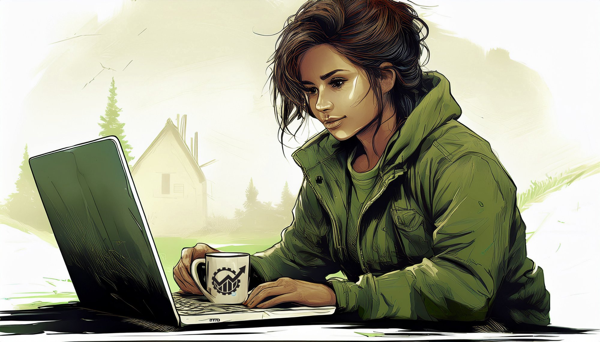 Sketch of a close up image of a woman at a computer, washed out background of a house and trees, Tra
