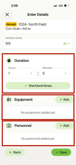 mobile - harvest details